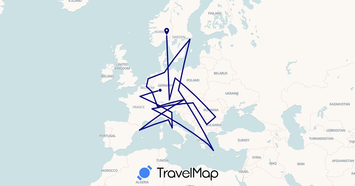TravelMap itinerary: driving in Austria, Belgium, Bulgaria, Switzerland, Czech Republic, Germany, Denmark, Spain, France, Greece, Hungary, Italy, Luxembourg, Netherlands, Norway, Romania, Sweden (Europe)